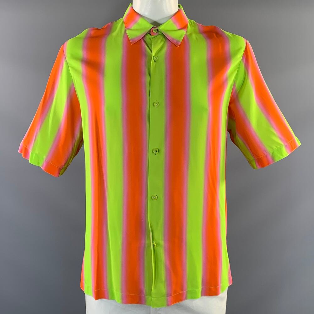 SANDRO SS2020 Size XXL Green Orange Pink Stripe Viscose Short Sleeve Shirt
